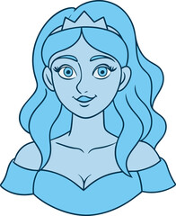 A stylized cartoon illustration of a beautiful young princess with long wavy blue hair wearing a tiara and an off the shoulder dress