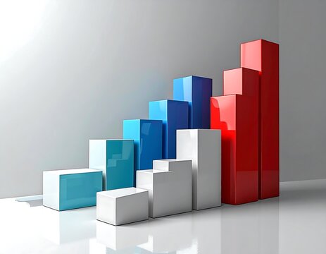 A 3D bar graph, with columns increasing in height to the right. The blocks shift from blue to red, and the background is white