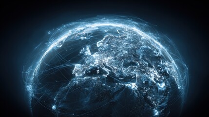 Illuminated globe displays interconnected global network of light.