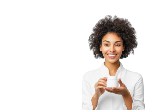 Woman with Curly Hair Holding Cream Jar on Transparent Background