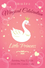 A cute pink invitation for magic celebration with cartoon swan on pink background