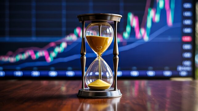 Hourglass with golden sand in front of stock market chart representing time management and financial investment concept
 - Powered by Adobe