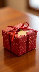 Festive Red Gift Box with Star Ornament on Wooden Table.