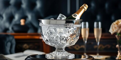 Elegant champagne bottle chilling in crystal ice bucket with glasses ready for celebration