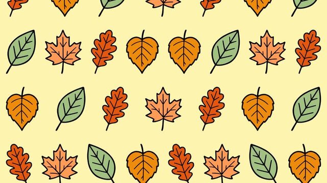 Fall Animation with Hand-Drawn Maple, Oak, and Heart-Shaped Leaves Moving Gently in Warm Autumn Colors