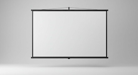 A blank projection screen hanging against a gray background in a studio setting ready for presentation
