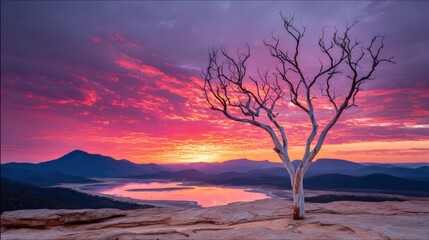 Bare tree silhouetted against a vibrant sunset over a serene lake.