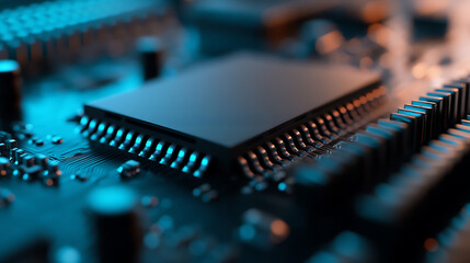 Electronic Circuitry: Intricate design of a microchip with complex connections, illuminated by blue lighting, highlighting technological advancement.