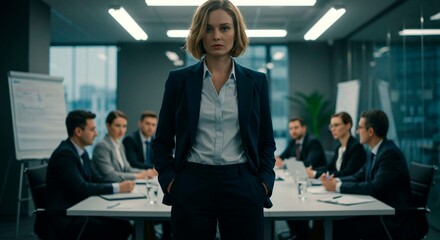Businesswoman standing in front of a conference table with colleagues in a corporate setting indoors