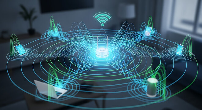 A wifi router emitting signals connecting devices in a home environment with digital overlay graphics