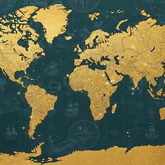 Golden World Map - A Detailed Depiction of Continents and Oceans.