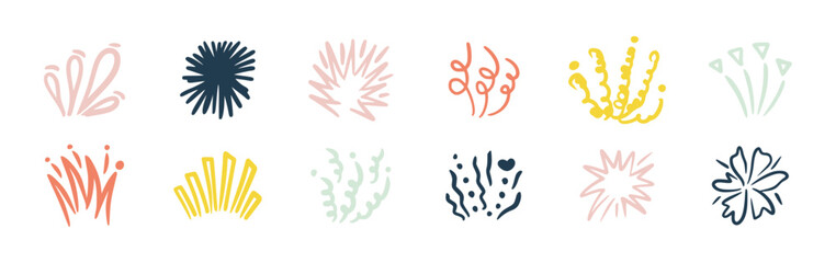 Sparkles, fireworks, doodle bursts. Festive hand drawn vector set of colorful star icons, explosion elements, and celebration shapes. Unique pastel design with fireworks, spark lines, glowing stars