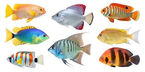 Naklejka premium Realistic Aquarium Fish Set Isolated Tropical Fish on Transparent Background