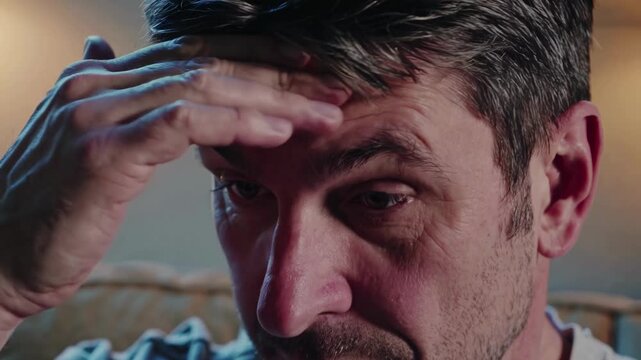 Close-up video of a man touching his forehead, conveying stress or fatigue. The angle captures facial details, enhancing the emotional impact.