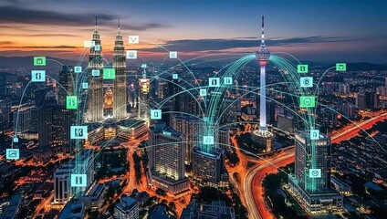 Illuminated modern cityscape at dusk, with digital overlay depicting network connections and data transfer - Powered by Adobe