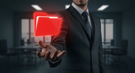 Businessman holding red folder icon