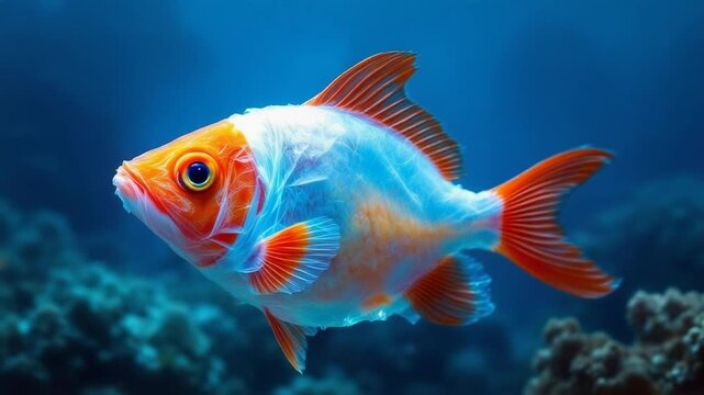 Graceful Goldfish Swimming in the Deep Blue Sea - A Captivating Underwater Scene.