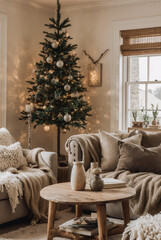 Cozy holiday living room with olive tree decor, warm wooden furniture, and neutral tones illuminated by soft golden light