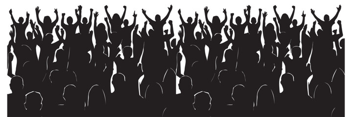 Silhouette of cheering crowd with raised hands, music concert celebration, festival audience, party vibes, energetic people at event, black and white vector