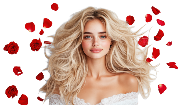 Woman with roses and flowing hair on Transparent Background