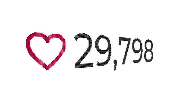 Animated design of a fast numerical count of "love" reactions with a red heart icon on a white background