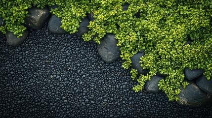 Zen garden stones and plants. Top view.  Suitable for backgrounds or nature themes