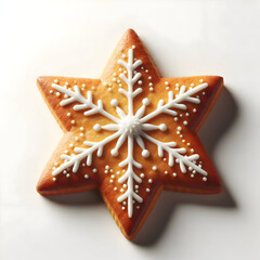 A golden-brown star-shaped Christmas cookie with white icing details, isolated on a plain white background, realistic texture, soft diffused lighting, clean composition for holiday design