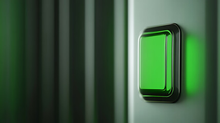 Illuminated green button on textured surface. Modern technology interface for user interaction. Emphasizing simplicity and sleek design. Minimalist.