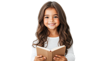 Smiling Little Girl Holding a Book on Transparent Background