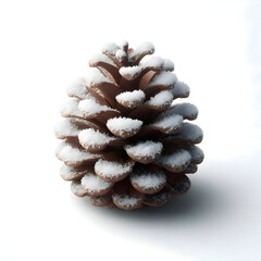 A natural brown pine cone dusted with white snow, isolated on a white background, realistic texture, soft shadows, minimal Christmas style, clean product photo look 