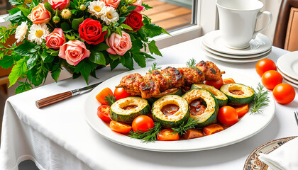 Restaurant-style meat skewers with baked zucchini and vegetables, elegantly presented, dinner table setting