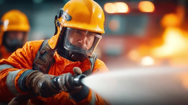 Courage Under Fire: A valiant firefighter fearlessly combats a raging blaze with a high-pressure hose, showcasing unwavering dedication to duty.