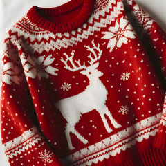 Close-up of a cozy red knitted sweater with white reindeer pattern, isolated on a plain white background, soft lighting, realistic fabric texture, holiday aesthetic