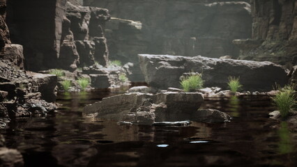 Sunlight gently illuminates a tranquil canyon, where calm waters mirror rugged rock formations. Sparse greenery peeks through the stones, creating a serene and captivating atmosphere.