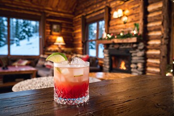Portrait of a holiday cocktail on the edge of a table with copy space
