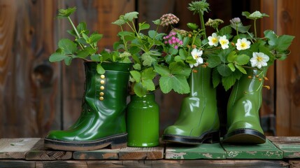 Vibrant Green Rubber Boots with Flowers and Plants, Creative Garden Decor on Rustic Wooden Background
