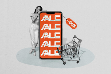 Template sketch collage of young lady stand toucjscreen phone customer shopping rebate brand black...