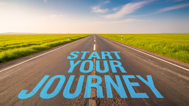 A long, straight road stretches into the distance, with the words "START YOUR JOURNEY" painted on its surface, inviting adventure.