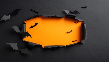A creative Halloween-themed paper background featuring an orange torn opening with black paper bats appearing to fly out of the hole,  a playful design perfect for spooky creative projects