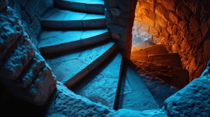Mystical Spiral Staircase with Atmospheric Lighting in a Historic Stone Structure
