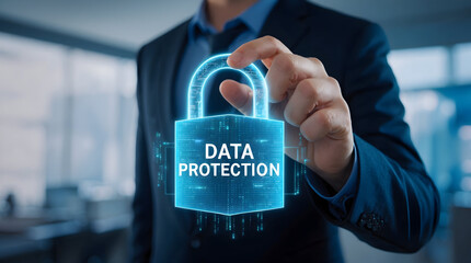 Businessman Holding Hologram of Data Protection Lock