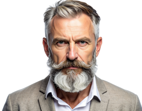 Close-Up Portrait of Serious Bearded Man, Front View, Isolated on White Background 