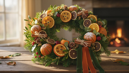 Festive solstice wreath with oranges and spices, cozy home decoration
