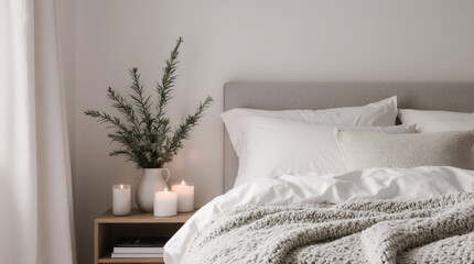 Scandinavian Winter Bedroom with Wool Blanket and Candlelight