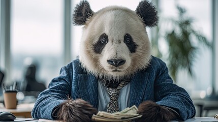 Panda in a suit sitting at an office desk with money. Business animal concept for finance and success.