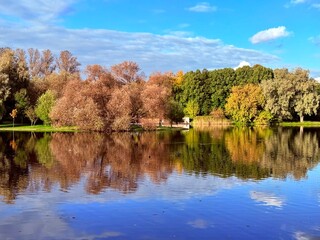 autumn trees reflection on the blue lake surface, autumn lake in the park