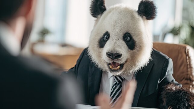 Panda in business suit having an important discussion or interview in an office setting. Animal businessman concept for corporate humor.