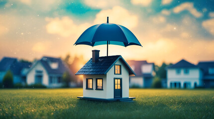 Home Insurance Protection: A Miniature House Under an Umbrella