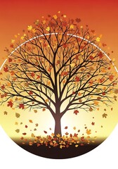 Autumn Tree Silhouette with Falling Leaves and Warm Background.
