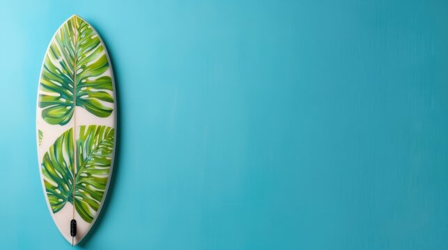Colorful surfboard with tropical leaf design hanging on bright blue wall for summer and beach lifestyle themes